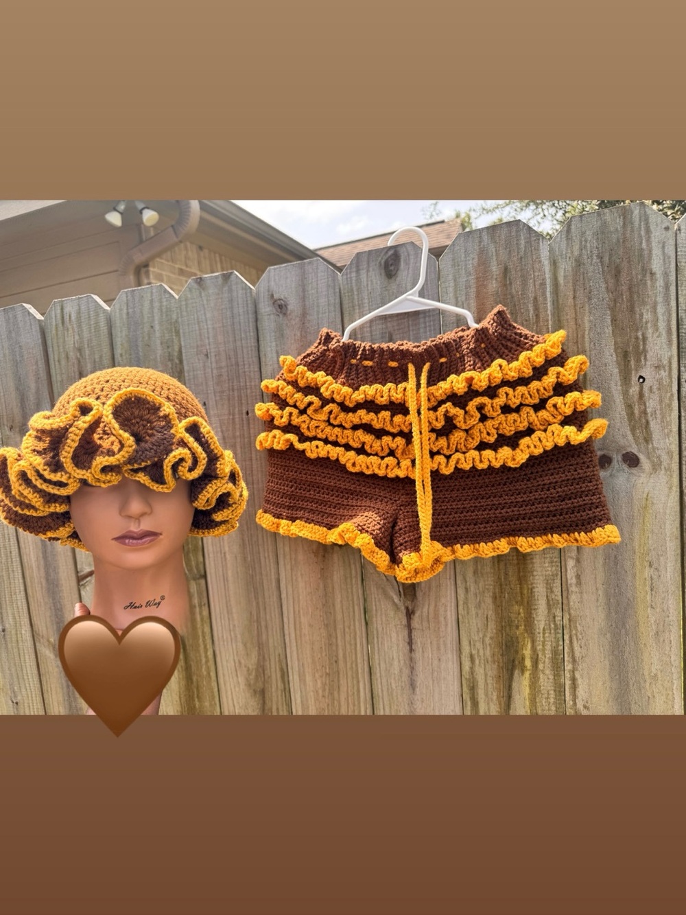 Handmade Crochet Ruffle Shorts and Bucket Hat Set - Brown & Mustard